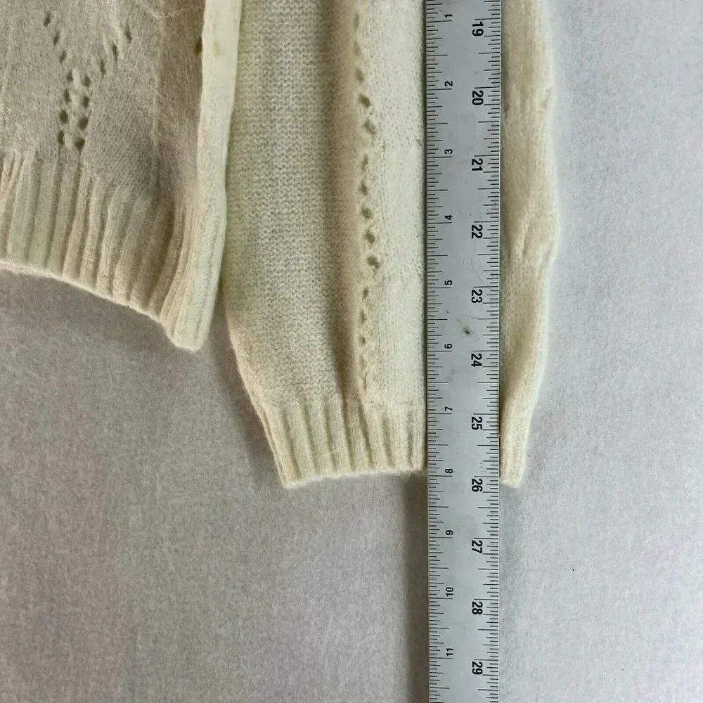 GAP Sweater Women's S Beige Cable-Knit Pointelle Crew Neck Ribbed Balloon Sleeve - Picture 6 of 13